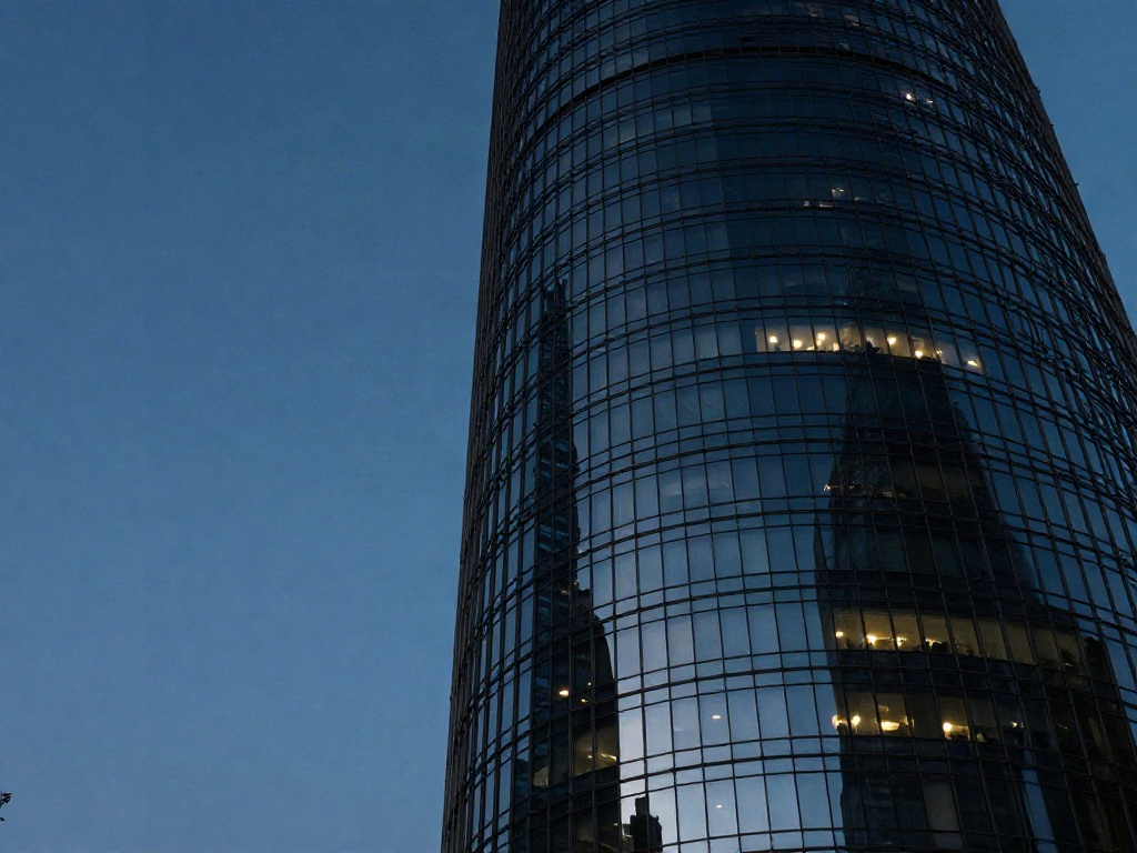 A sweeping glass corporate tower rising into a midnight-blue sky